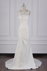 Gorgeous Long Jewel Sleeveless Mermaid Satin Lace Backless Wedding Dresses-27dress